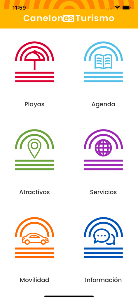 Turismo Canelones - Menu principal do aplicativo móvel Turismo Canelones com ícones para praias, agenda, atrações, serviços, mobilidade e informações