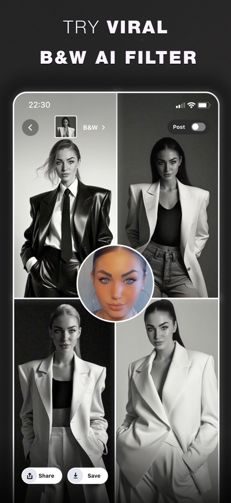 Glam AI: Video & Photo Editor - Ein professionelles schwarz-weißes KI-Fotoshooting, das aus einem einzigen Selfie mit der Glam AI App generiert wurde