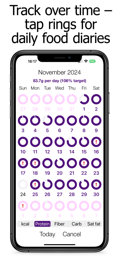 Macro Counter and Tracker - Una pantalla de aplicación móvil que muestra un calendario mensual con anillos de progreso circulares para rastrear la ingesta diaria de proteínas.