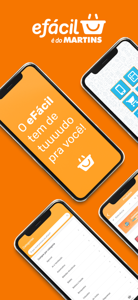 eFácil - Super Ofertas e mais! - Gráfico promocional do aplicativo eFácil com várias telas de smartphones exibindo categorias de compras e o slogan tudo para você