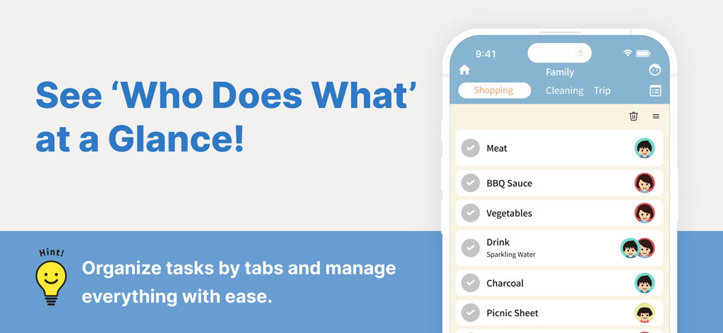 WeDo: Shared To-Do & Planner - WeDoアプリのインターフェース。各アイテムに個々のユーザーアイコンが割り当てられた、共有ファミリーショッピングリストが表示されています。