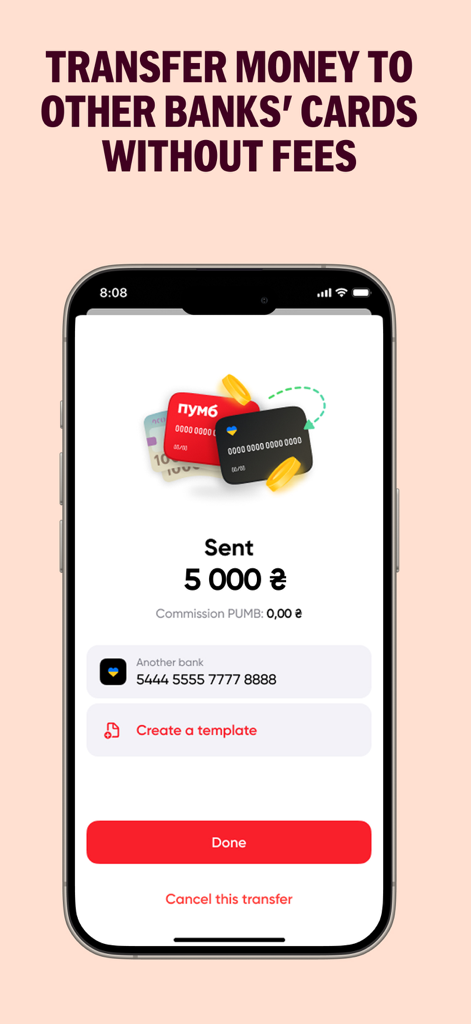 PUMB - Online Bank 24/7 - PUMB mobile app screen showing a successful transfer of 5000 Hryvnia to another bank card with zero commission.