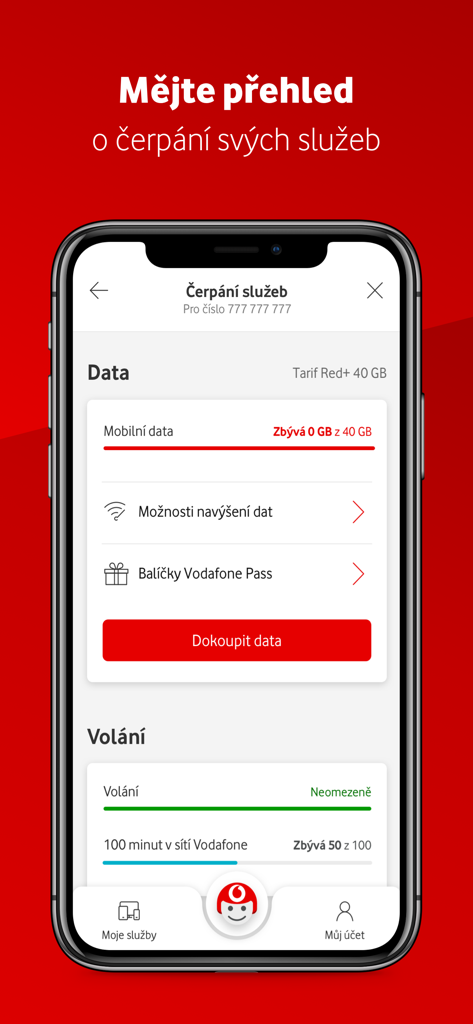Muj Vodafone app interface displaying real time data and call usage overview
