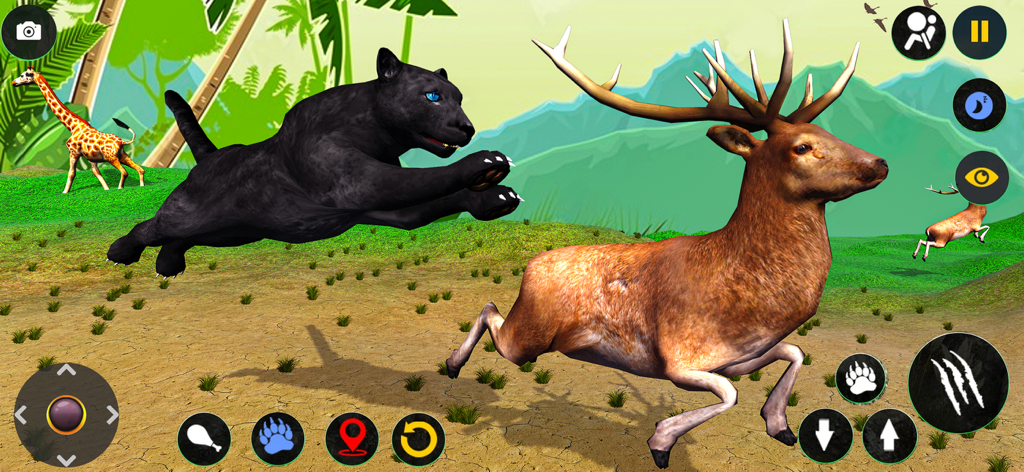 Wild Black Panther Furious Sim - Pantera negra saltando hacia un ciervo en un juego simulador de animales de jungla