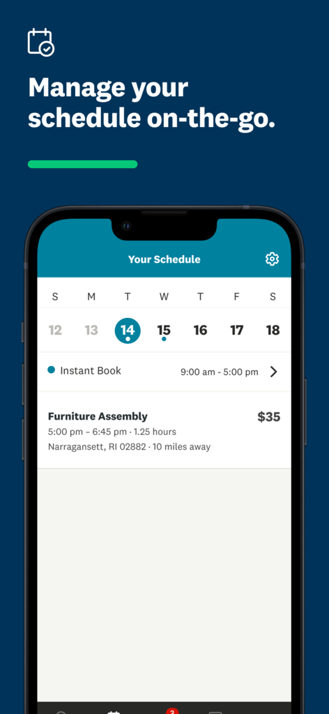 Interface of the Angi Services for Pros app showing a daily work schedule and job details for a furniture assembly task