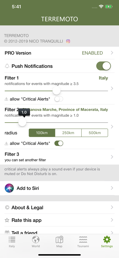 Tela de configurações do aplicativo Terremoto com filtros de magnitude de terremotos e configuração de alerta crítico