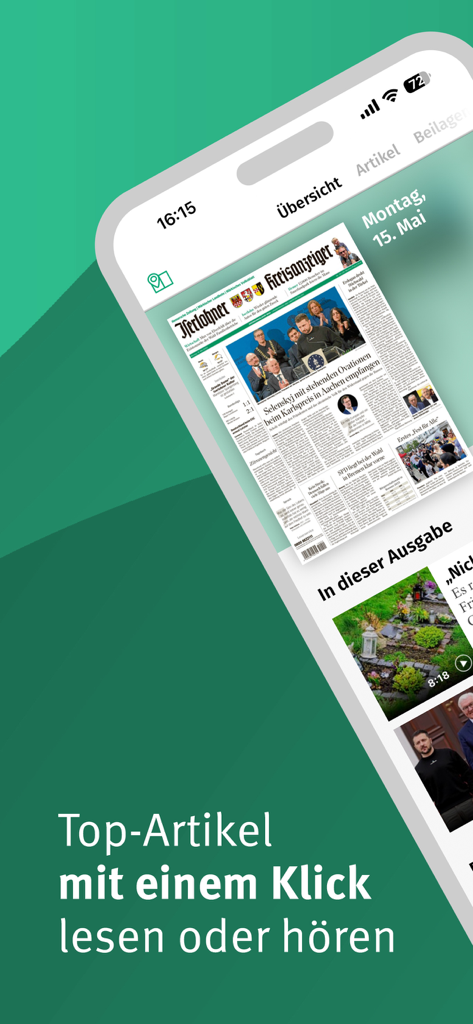 Ein Smartphone, das die Benutzeroberfläche der IKZ E-Paper-App mit einem digitalen Zeitungs-Layout und einer Bildunterschrift zum Lesen oder Hören von Top-Artikeln zeigt.