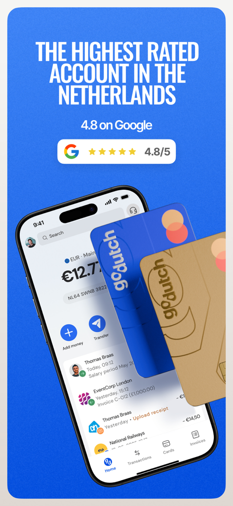 GoDutch Smart Business Account - GoDutch smart business account app interface showing high Google rating and virtual business cards