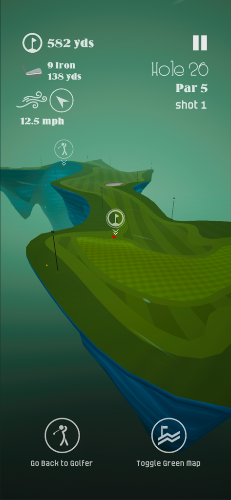 Bird's eye view of a golf hole in Stinger Golf showing distance and wind conditions