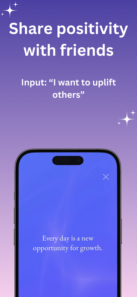 Manifest & Affirmations - Soul - Pantalla de smartphone de la aplicación Soul que muestra una afirmación positiva sobre el crecimiento y una opción para compartir positividad.