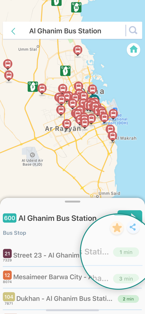Karwa Journey Planner app displaying a bus station map and real-time bus arrival times