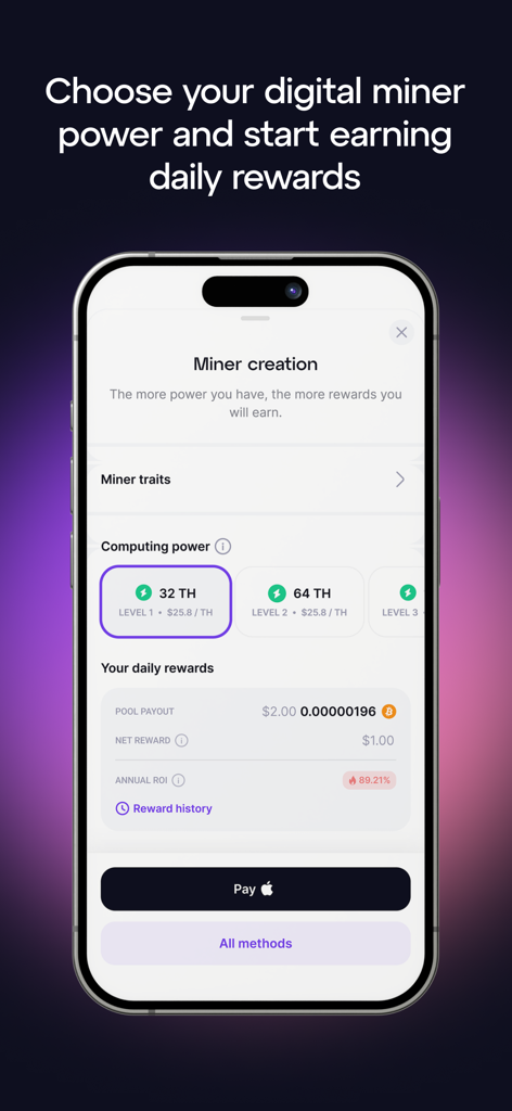 Interfaccia dell'app GoMining che mostra la schermata di creazione del miner con opzioni di potenza di calcolo e stime delle ricompense giornaliere in bitcoin.