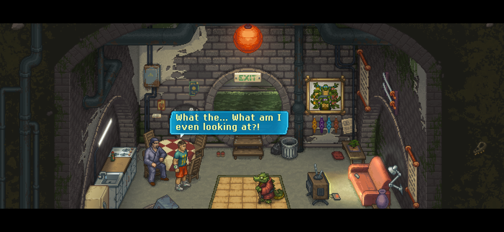 A retro pixel art scene in Punch Club 2 showing characters in a sewer hideout with a humorous dialogue bubble.