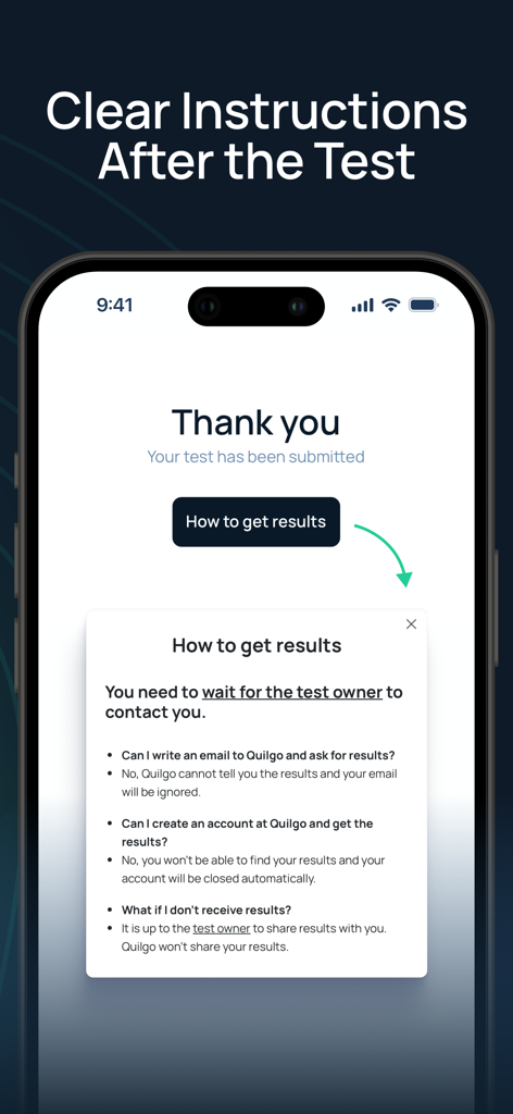 Quilgo - Quilgo app screen showing a thank you message after test submission and a popup with clear instructions on how to receive results.