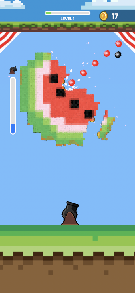 Cannon Crusher - A cannon shooting balls at a pixel art watermelon in the Cannon Crusher game