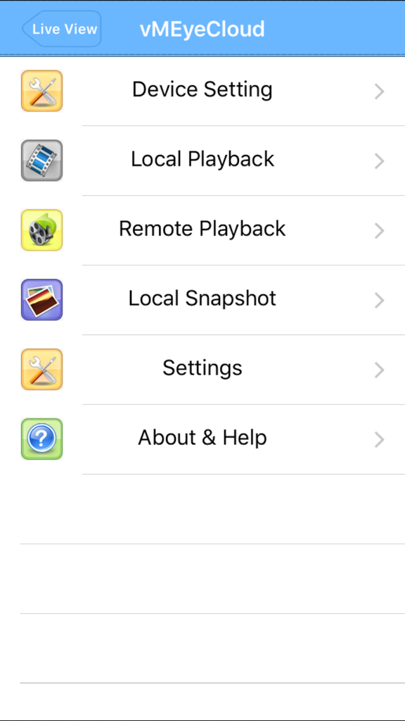 vMEyeCloud - Hauptmenü der vMEyeCloud App mit Optionen für Geräteeinstellungen und Fernwiedergabe