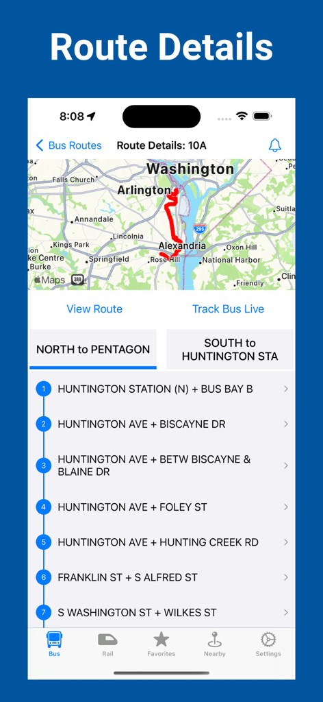 DC Metro & Bus – Schedules - 워싱턴 DC 지역의 지도 및 정류장 목록과 함께 버스 노선 10A의 노선 세부 정보를 보여주는 DC Metro 및 Bus 앱