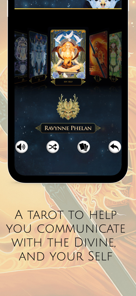 Dreams of Gaia Tarot - Dreams of Gaia Tarot app interface showing the XIV Self card and spiritual artwork by Ravynne Phelan.