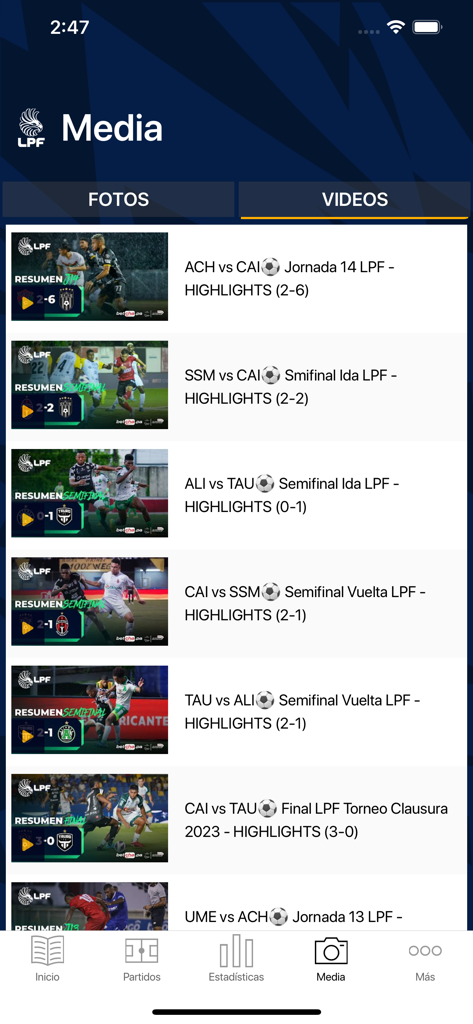 Liga Panameña de Fútbol - Lista de resúmenes de partidos de fútbol en la sección multimedia de la aplicación Liga Panameña de Fútbol