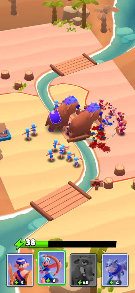 Tactical gameplay screenshot of Draw Arena featuring mammoths and archers attacking enemy units on a tropical beach map.
