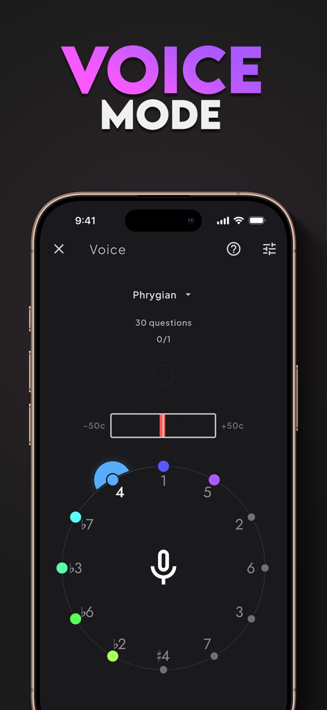 Sonofield Ear Trainer - The Voice Mode interface of the Sonofield Ear Trainer app showing a microphone icon and circular pitch tracker for vocal exercises.