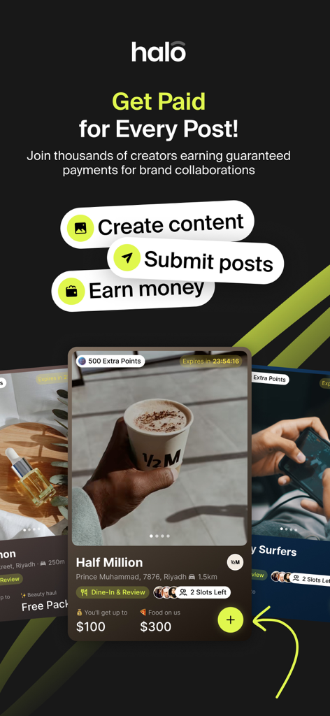 Halo.AI - Halo.AI app interface showing creator collaboration opportunities with guaranteed payments for brand posts.