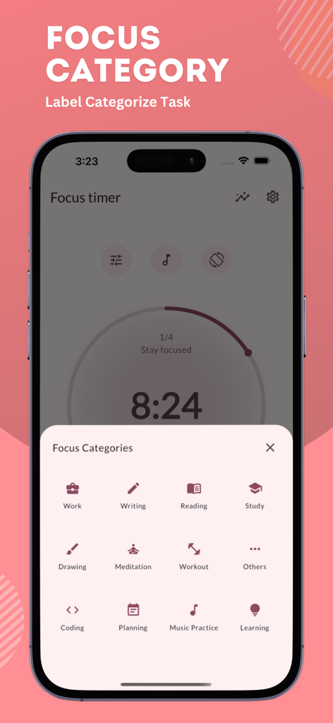 Pomodoro Focus Timer Pro - ワーク、スタディ、瞑想、コーディングのアイコンとともに集中カテゴリ選択を表示するPomodoro Focus Timer Proアプリインターフェース