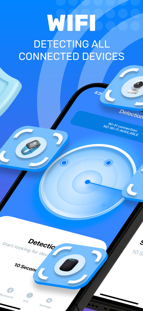 Tracker Detector Bug Finder - App interface showing a radar scanning for devices connected to a WiFi network
