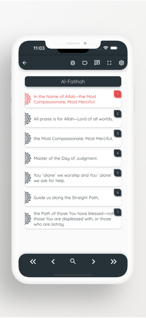 Read & Listen Qur'an - A mobile app screen showing the English translation of Surah Al-Fatihah from the Quran.