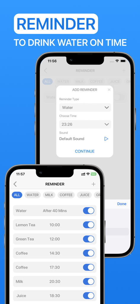 Water Now: Daily Drink Tracker - Screenshot of the Water Now app interface showing customizable hydration reminders for various drinks on an iPhone.