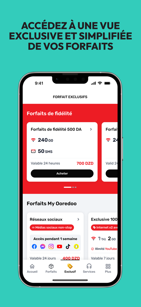 Screenshot of My Ooredoo Algeria app displaying various mobile data and social media bundles for purchase