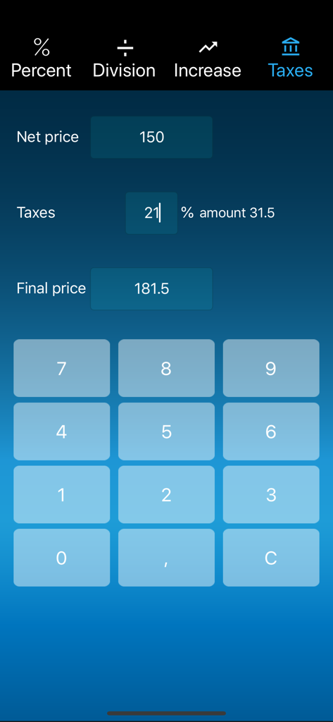 Percent Calculator easy - Interfaz de usuario de la aplicación Calculadora de Porcentajes fácil mostrando un cálculo de impuestos con precio neto, porcentaje de impuestos y precio final