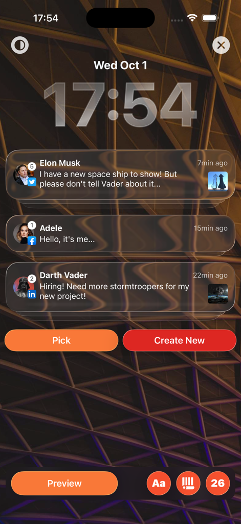 Realistic fake notification simulator showing messages from celebrities on an iPhone lock screen