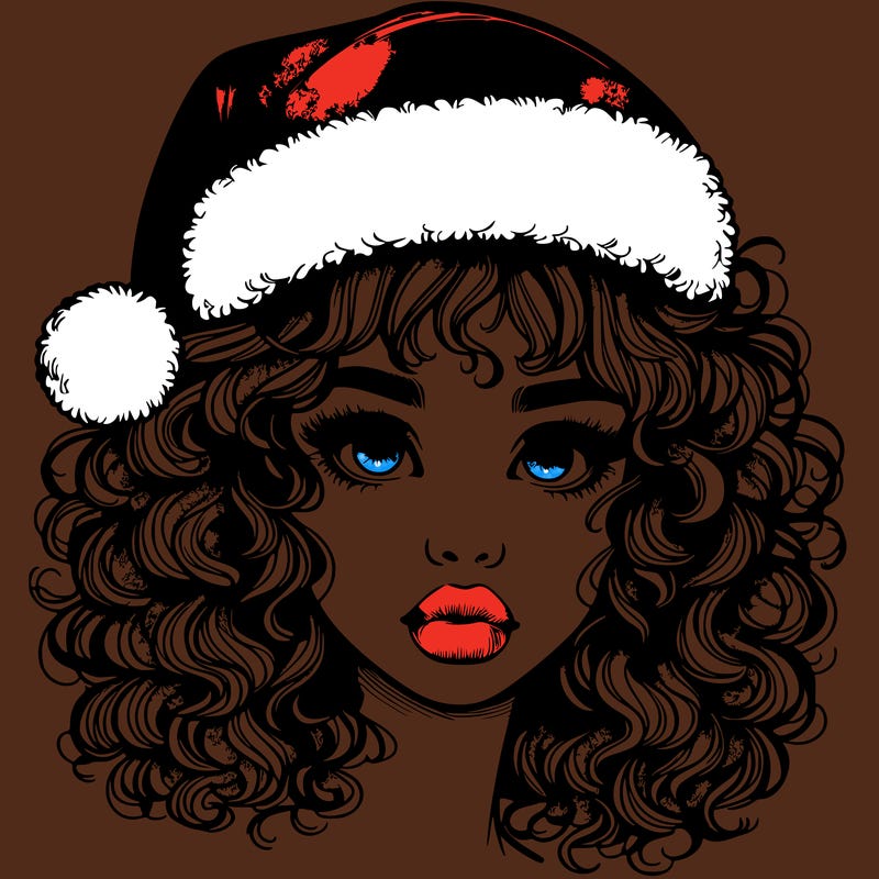 realistic girl with a santa hat curly hair and lips
