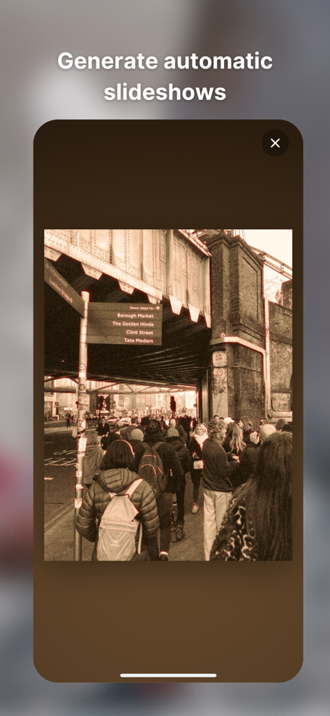 PostPic-Aesthetic Pics Editor - PostPic app interface showing an automatic slideshow of film-style photos.