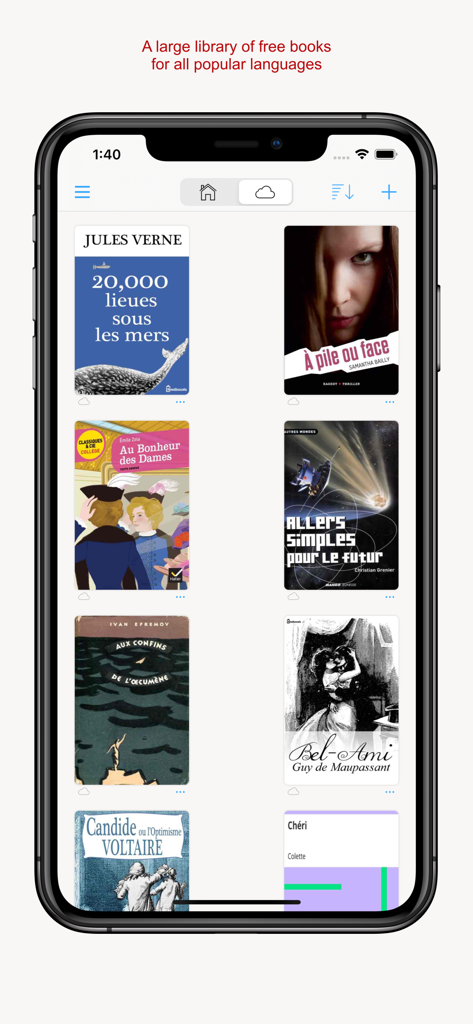 App Read and Learn Pro che mostra una libreria di libri gratuiti in lingua straniera per l'immersione