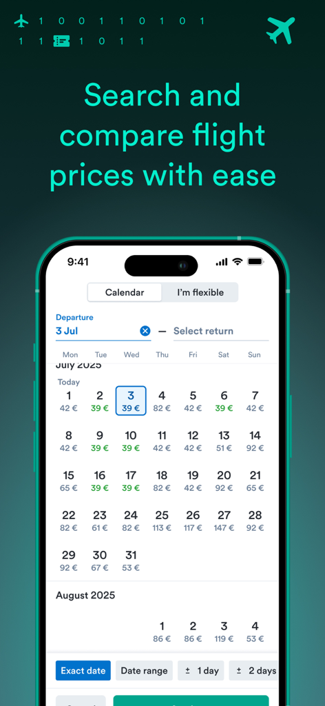 Pantalla de búsqueda de vuelos de Kiwi.com mostrando un calendario con precios diarios para encontrar fechas de viaje baratas