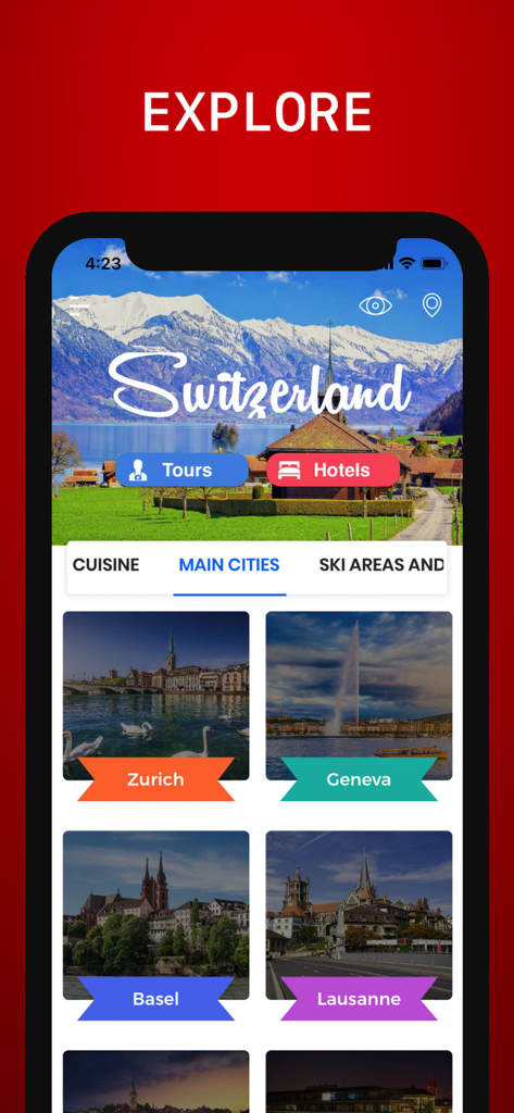 Mobile app interface for Switzerland Travel Guide showing popular cities and tourism categories