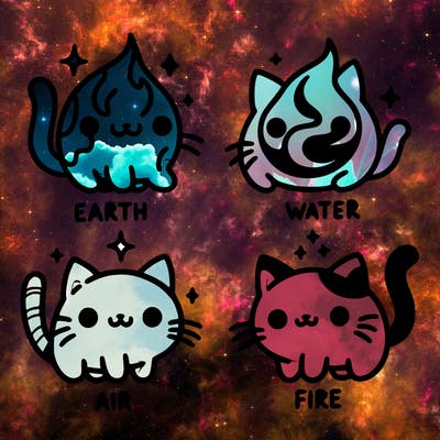 4 cats that represent the different elements, earth, water, air, and fire