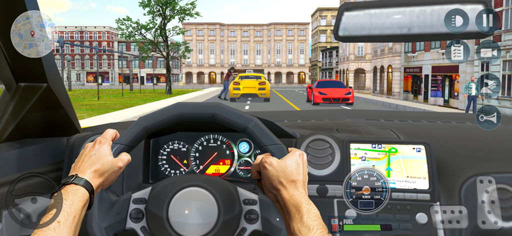 Sports Car Taxi Simulator 3D - Vista en primera persona de la cabina de un taxi deportivo conduciendo por una calle urbana 3D