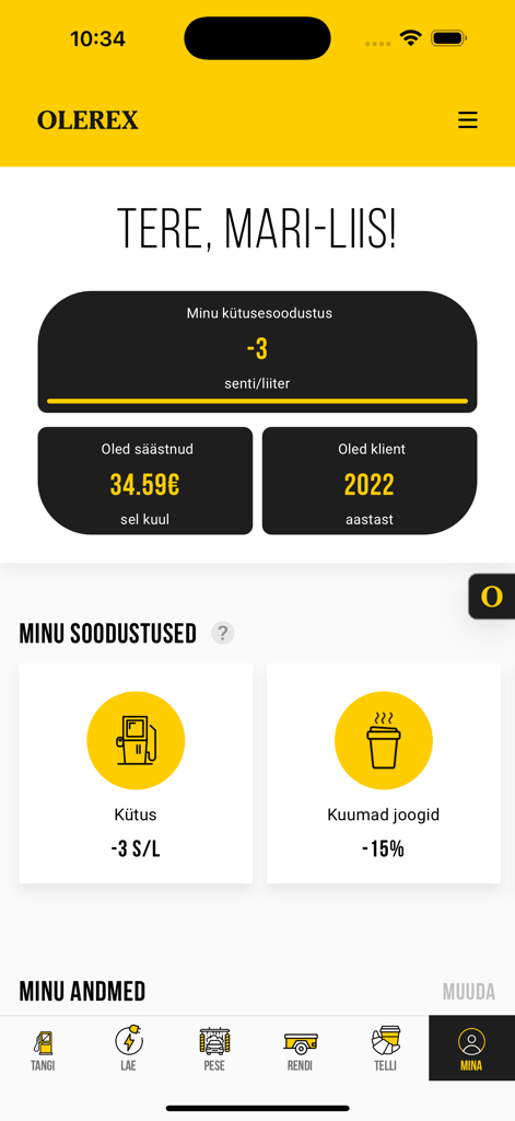 Schermata dei premi fedeltà dell'app Olerex che mostra sconti sul carburante e risparmi mensili