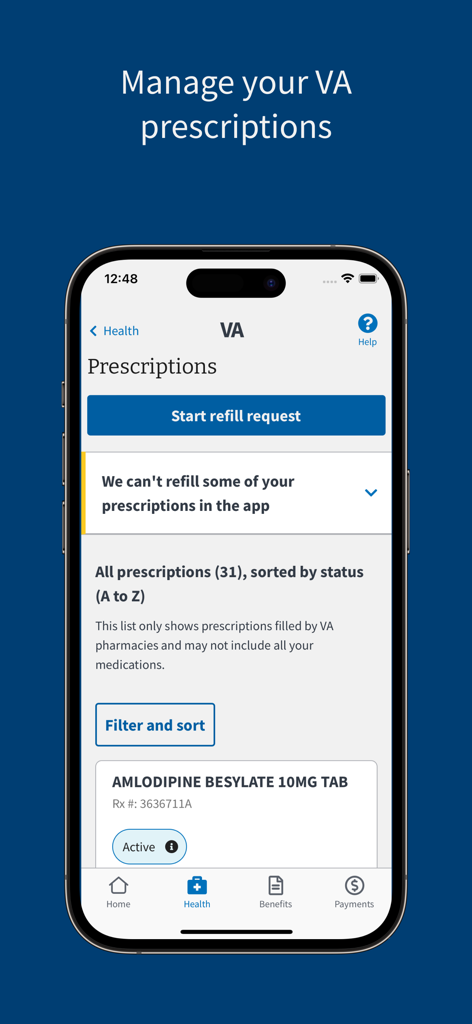 VA: Health and Benefits - VA Health and Benefits app screen for managing and refilling prescriptions