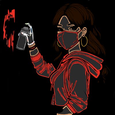 realistic girl with mask spray painting a wall