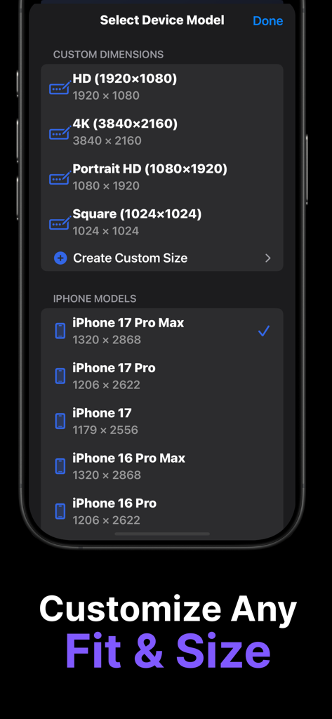 Interfaz para seleccionar dimensiones de fondo de pantalla personalizadas y ajustes preestablecidos de modelos de iPhone