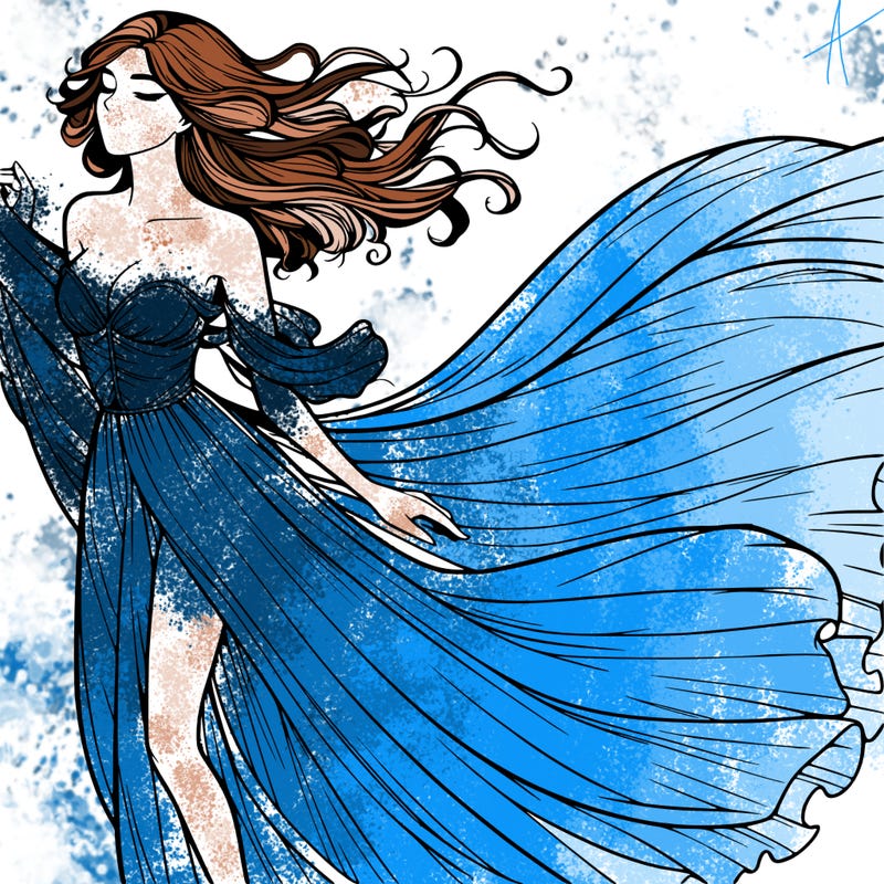 realistic woman in dress flowing the the wind