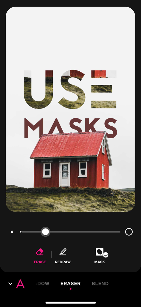 Font Candy Photo & Text Editor - 빨간 집 사진에 텍스트 마스킹 및 지우기 도구를 시연하는 Font Candy 앱의 스크린샷. 'USE MASKS'라는 글자가 표시됩니다.