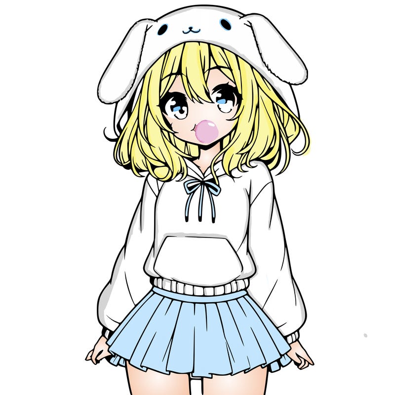 pretty anime girl wearing a fluffy hoodie with bunny ears on the hood and a skirt