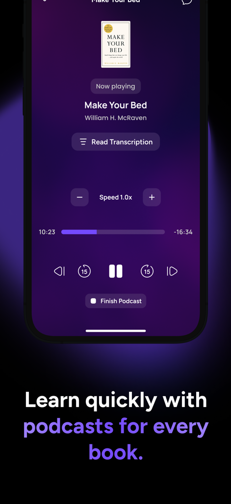 Bookgenius: Read Books Faster - Interface of the BookGenius app playing an audio book summary podcast