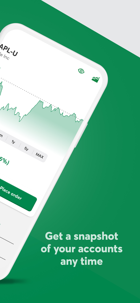 Disnat mobile app screen displaying a stock performance chart and the text get a snapshot of your accounts any time