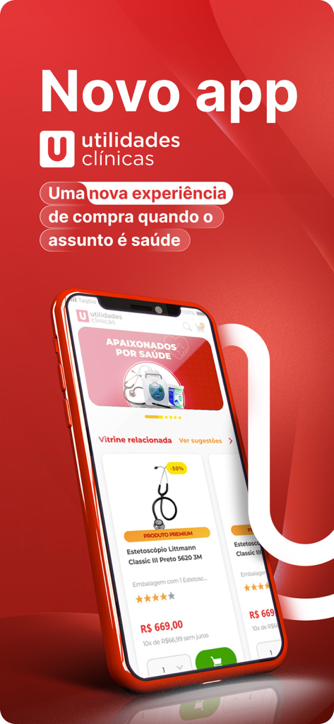 Mobile app interface of Utilidades Clinicas showing a medical stethoscope for sale